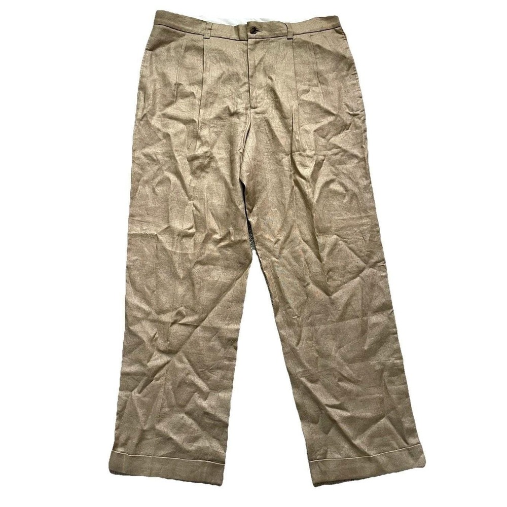 Vtg Brooks Brothers 100% Linen Pleated Pants Men 36x30 Tan Khaki Cuff High Waist - Picture 1 of 9